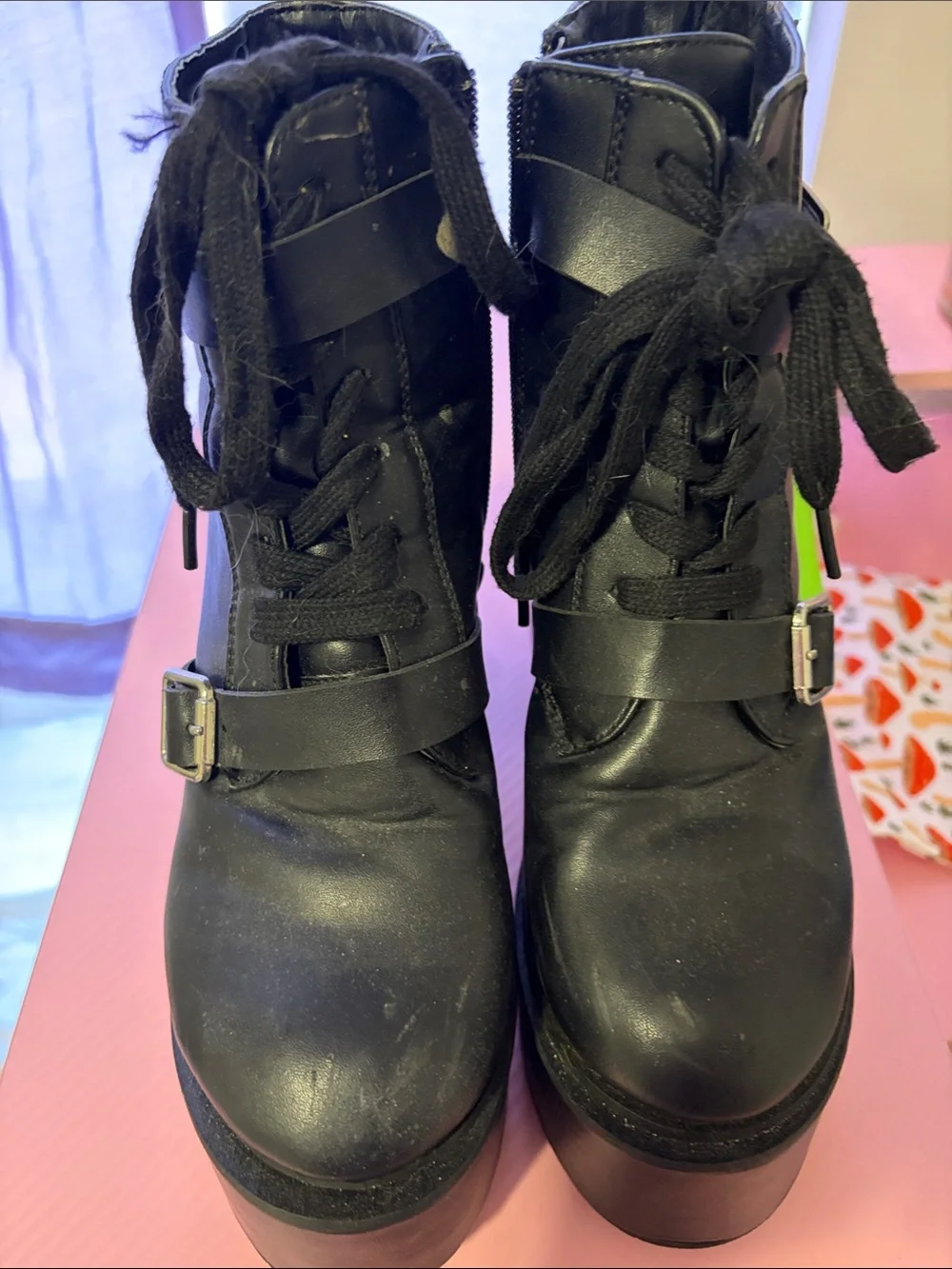 Chunky Platform Lace-Up Ankle Boots in Black